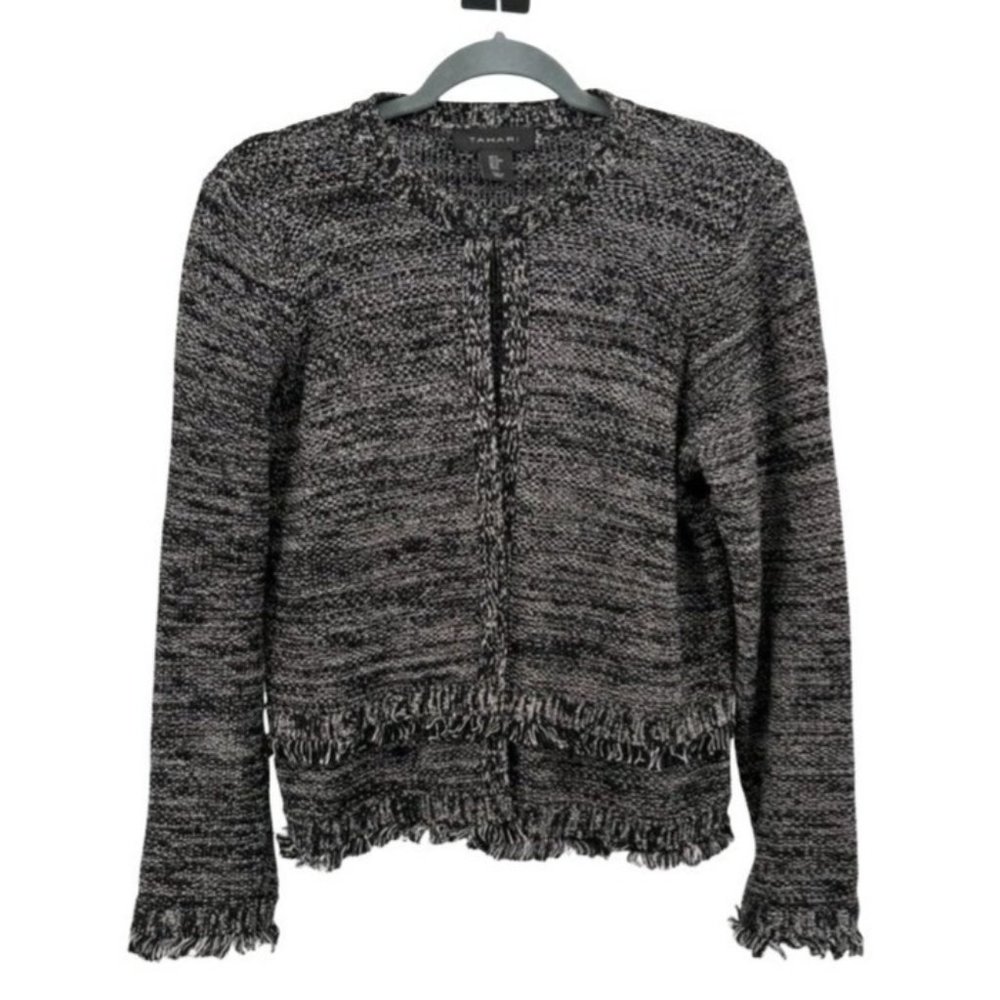 Tahari Chanel StyleJacket Black White Cardigan w/Fringe Size M Clasp at neck